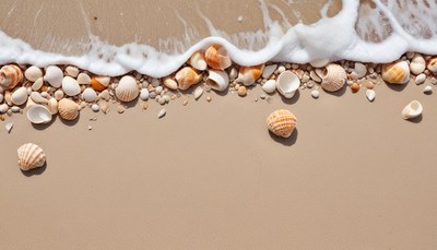 Seashells on sandy beach shore