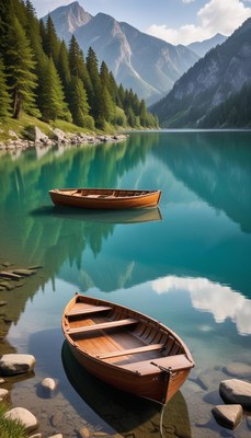 Serene lake with wooden boats
