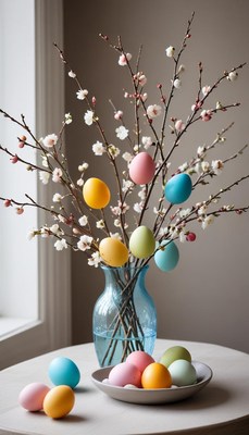 Colorful easter eggs and blossoms