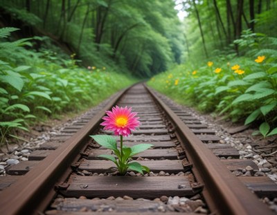 Flower growing by train tracks