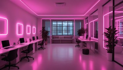 Modern office with pink lighting effects