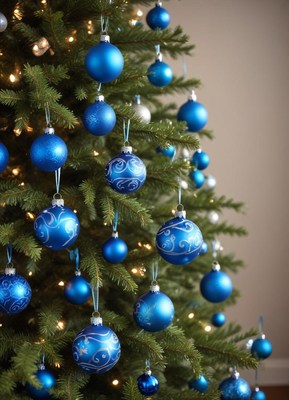 Blue ornaments on a christmas tree