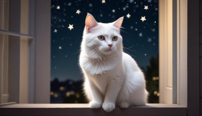 White cat gazing at stars