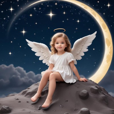 Child with angel wings on moon