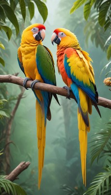 Colorful macaws perched in lush forest