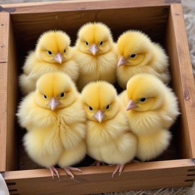 Charming yellow chicks in a box