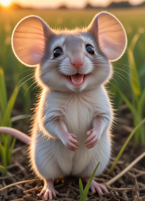 Happy mouse in golden sunlight