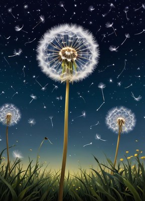Dandelions floating under the night sky