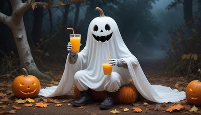 Spooky ghost enjoying halloween drinks