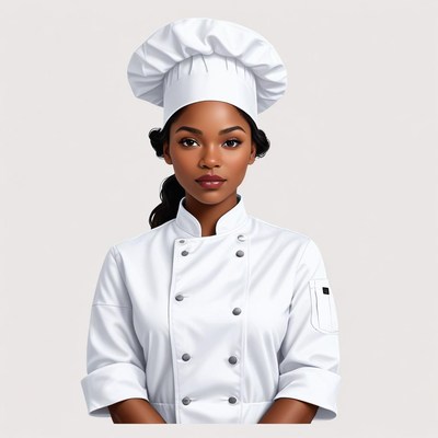 Chef in white uniform poses confidently
