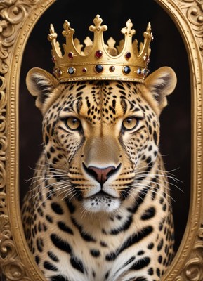 Regal leopard wearing a crown
