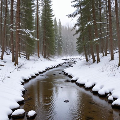 Winter stream in snowy forest scene