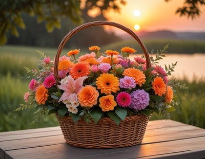 Colorful floral arrangement at sunset