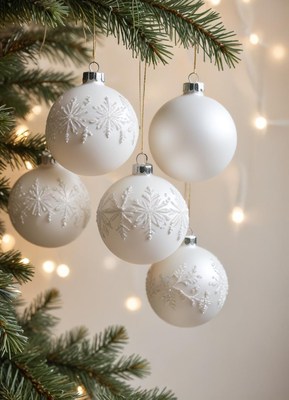 White christmas ornaments on tree