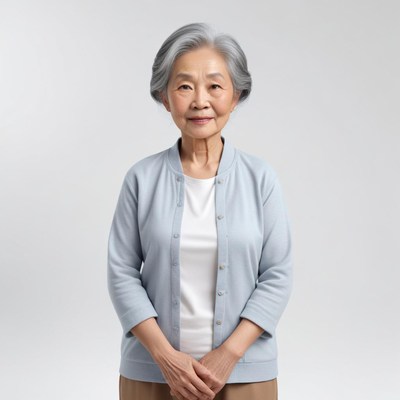 Smiling elderly woman in light clothing
