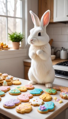 Cute bunny decorating cookies in kitchen