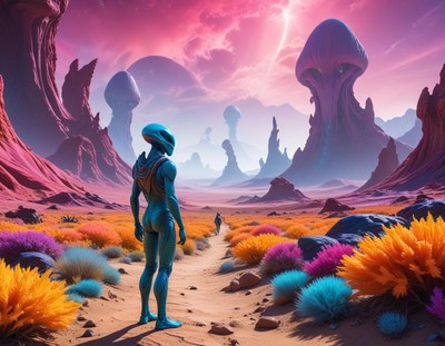 Alien exploration in vibrant landscape