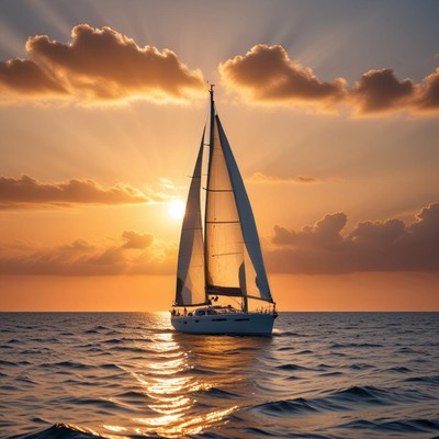 Sailing into the sunset at sea