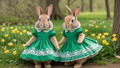 Two bunnies in green dresses