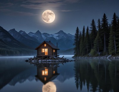 Calm night at a lakeside cabin