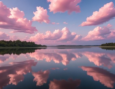Serene lake with colorful clouds at sunset