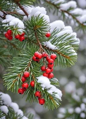 Snowy branches with red berries