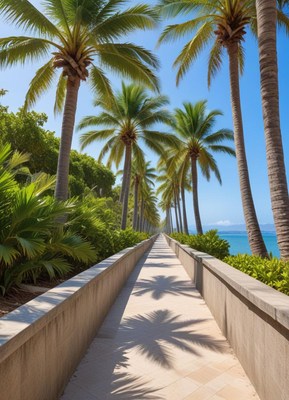Palmlined pathway by the sea