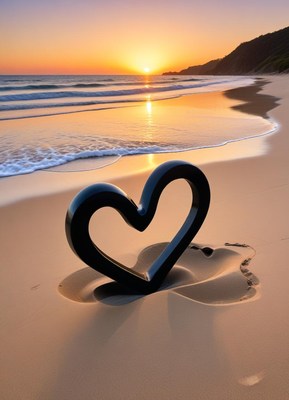 Sunset heart sculpture on beach