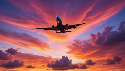 Airplane flying through sunset sky