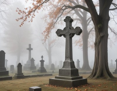 Misty cemetery with ancient cross