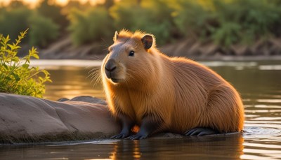 Capybara resting by calm water