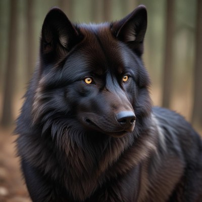 Majestic black wolf portrait in forest