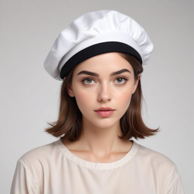 Young woman wearing stylish chef hat
