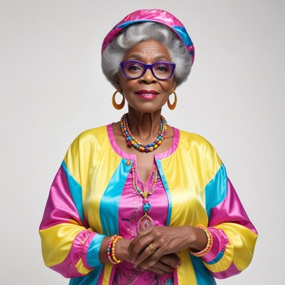 Brightly dressed elder with joyful expression