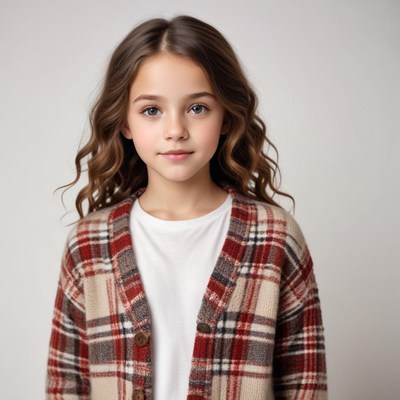 Young girl in cozy plaid cardigan