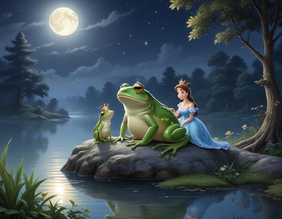 Princess and frogs at night