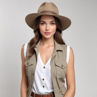 Model in neutral outfit with hat
