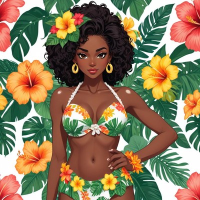 Tropical beach model in floral bikini