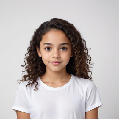 Young girl with curly hair in white shirt