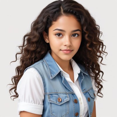 Young girl with curly hair poses elegantly