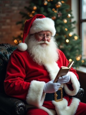 Santa reading in cozy room