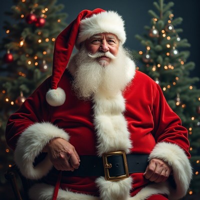 Santa smiling in front of christmas trees