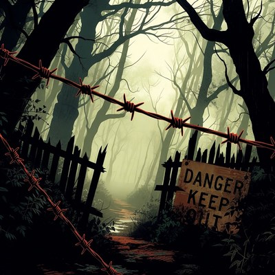 Creepy forest with danger sign