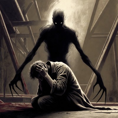 Dark figure haunting a sorrowful man
