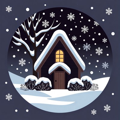 Cozy winter cabin in snow