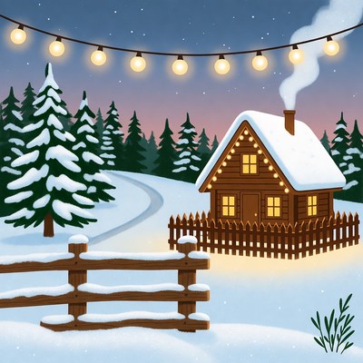 Cozy winter scene with cottage