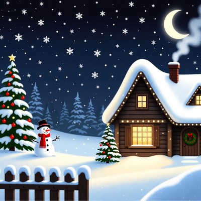 Winter night scene with snowman