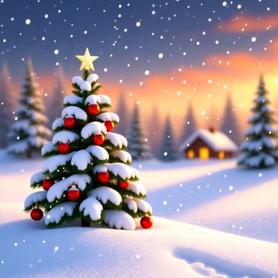 Snowy christmas tree at dusk