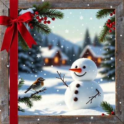 Snowman with bird in winter scene