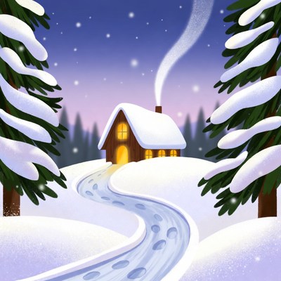 Cozy winter cabin scene with snowfall